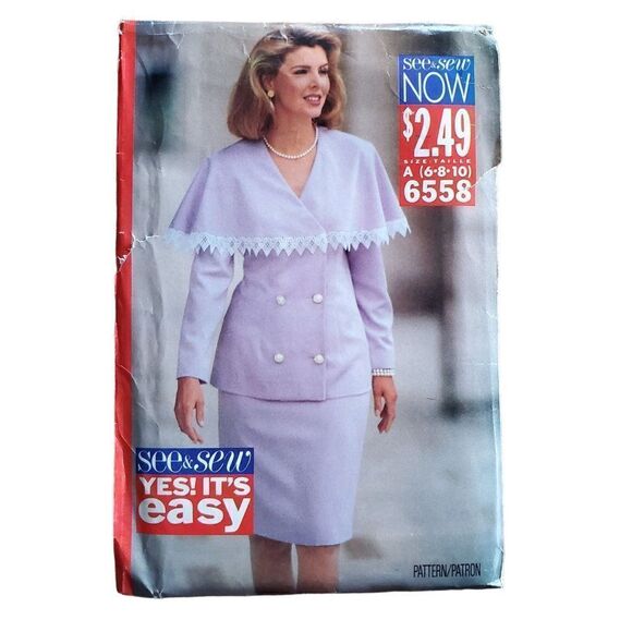 Vintage 80s Butterick Pattern 6558 Uncut Double Breasted Capelet Skirt Sz 6 8 10 - Picture 1 of 2